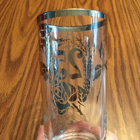 25th Wedding Anniversary Tumbler Drink Glass‎ Silver Rim Frosted Floral Vtg - Picture 6 of 9